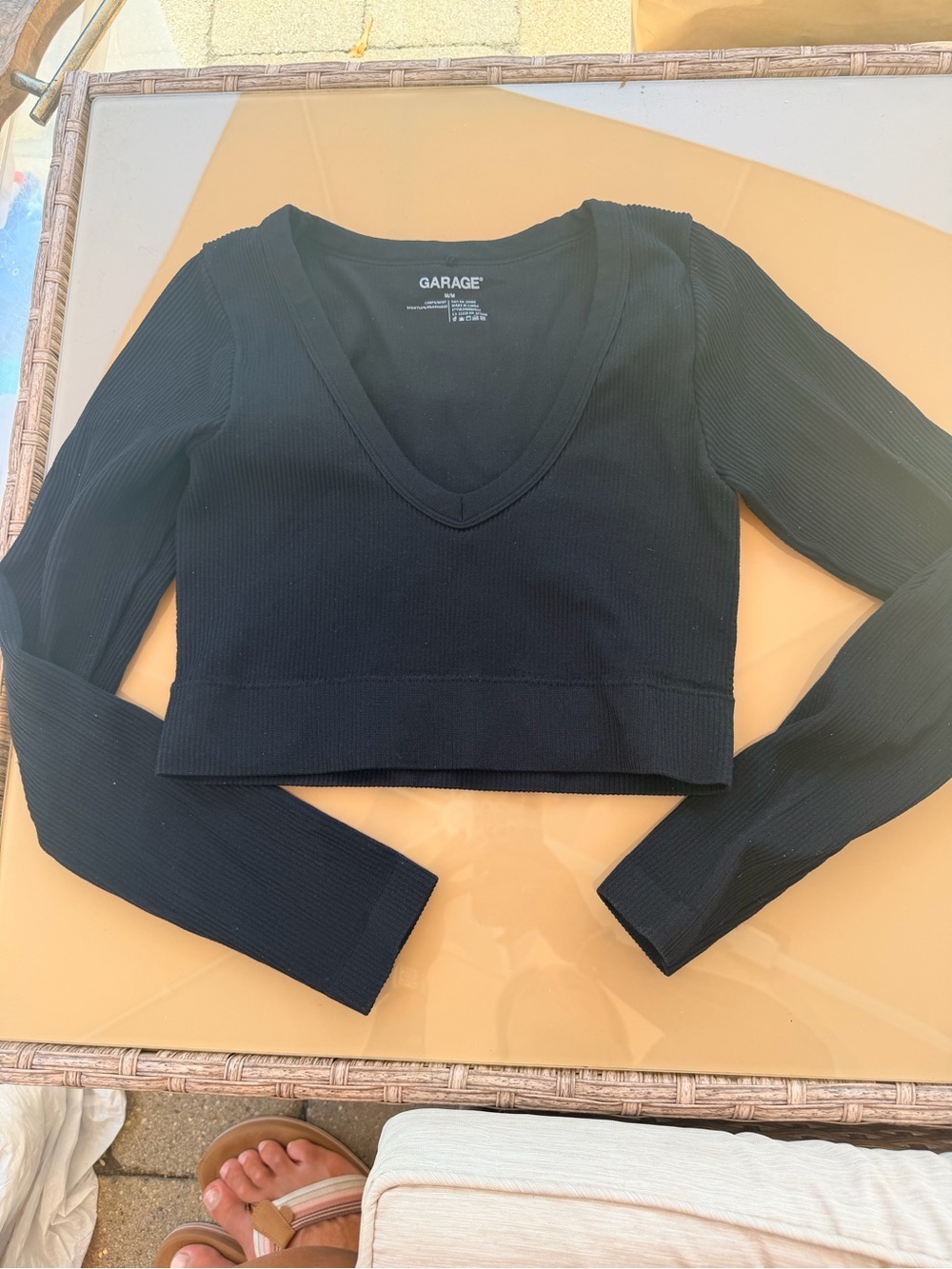Garage Black Ribbed V-Neck Long Sleeve Cropped Top